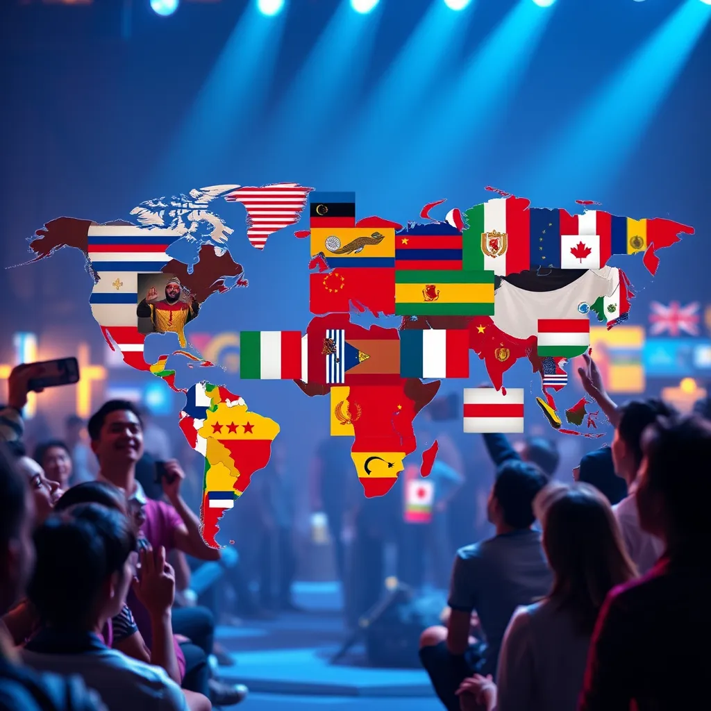 A world map overlay featuring diverse flags, with various snippets of video and audio content in multiple languages, showcasing the concept of multilingual engagement in marketing strategies, surrounded by visuals of culturally diverse groups enjoying the content.