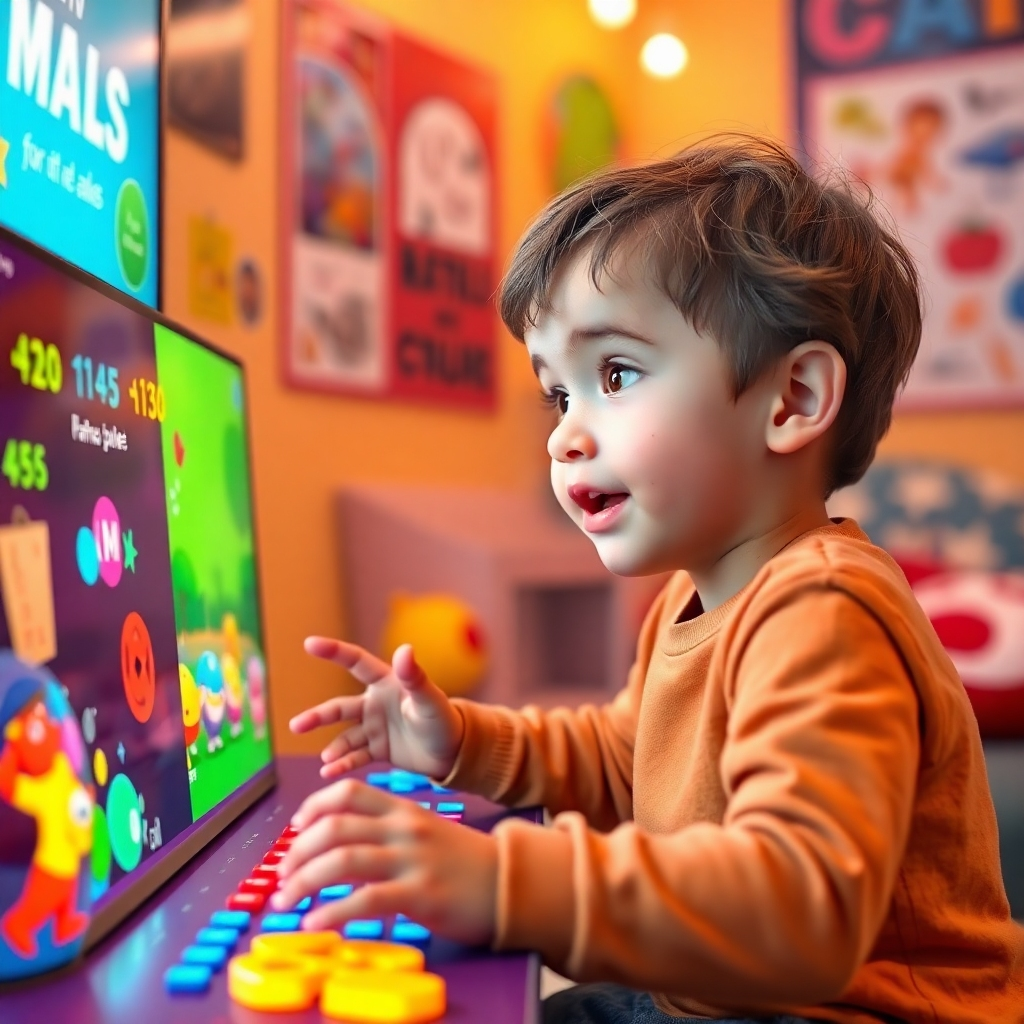 A young child, approximately 6 years old, engaged with a fun video game that incorporates math puzzles and colorful animations. The child looks excited while interacting with vibrant characters on the screen, in a cozy gaming space filled with educational posters.