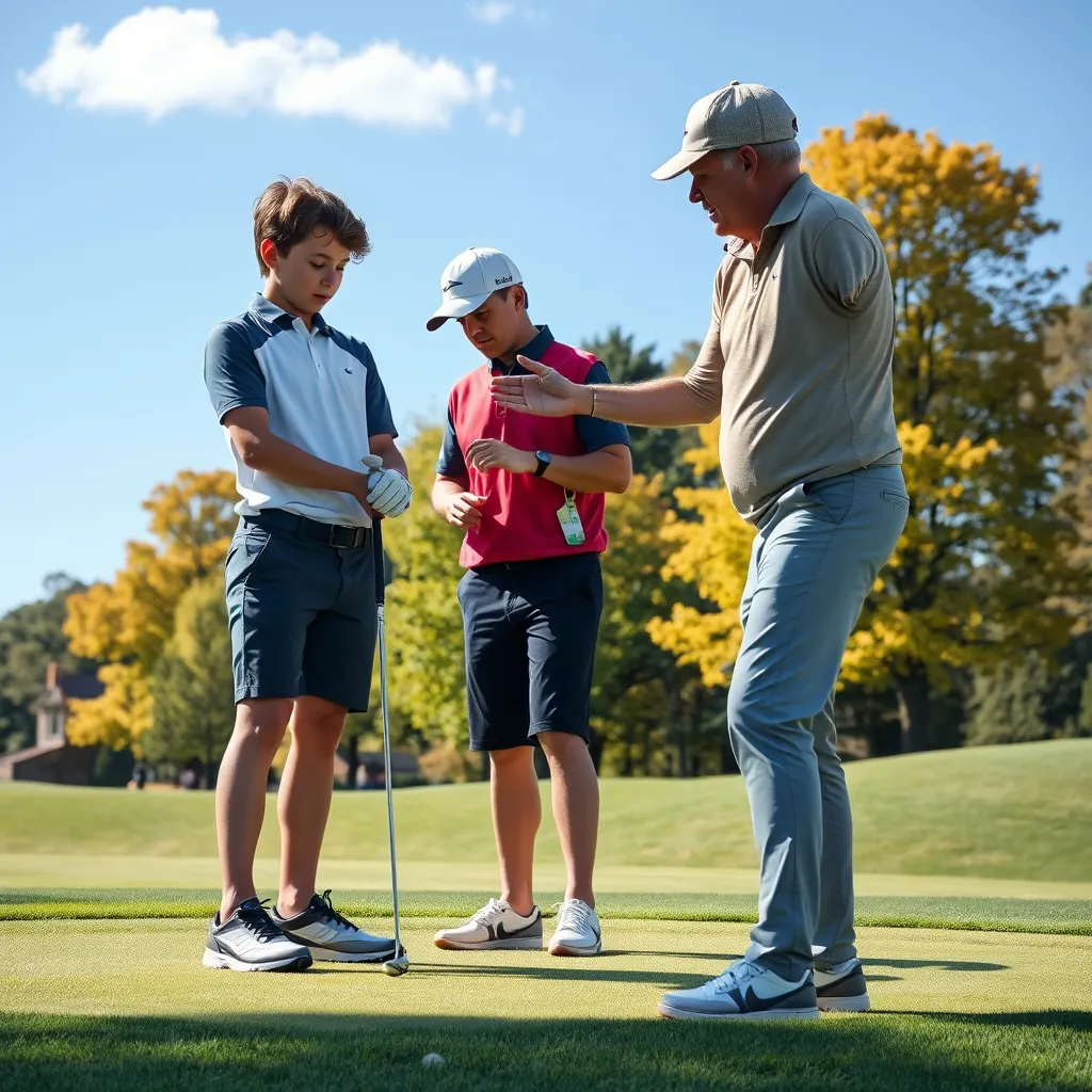 A young golfer receiving coaching from an experienced instructor at Grimsby Golf Club. The young player, wearing a sporty outfit, is focused on a swing, while the instructor gestures on a manicured tee box, surrounded by vibrant trees and clear blue skies. The atmosphere should feel dynamic and supportive.