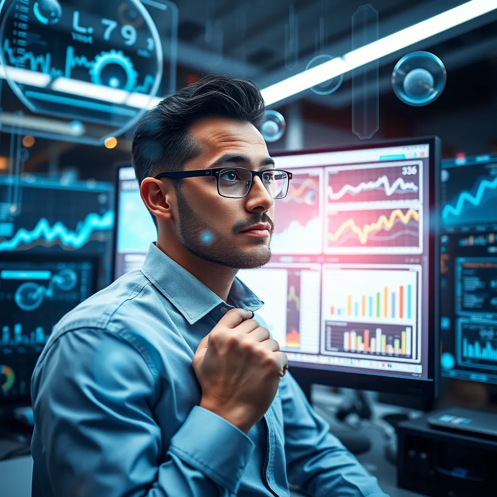 An analytical workspace featuring a computer screen displaying complex data visuals and graphs. In the foreground, a business professional is analyzing data with a thoughtful expression, surrounded by futuristic tech elements like holographic displays.