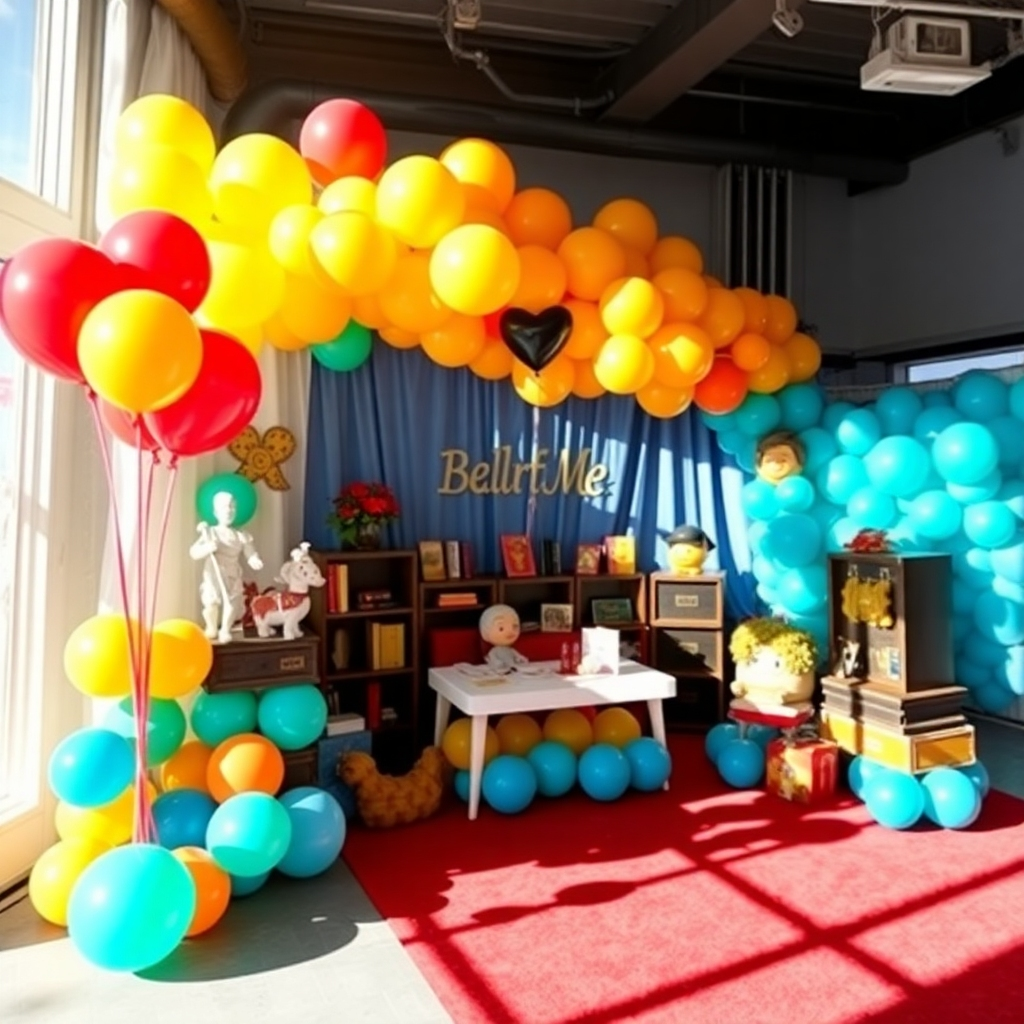 An artistic representation of a personalized event setup, showcasing a thematic balloon display that narrates a story. The composition focuses on a beautifully decorated area with intricate balloon arrangements themed around a favorite book or movie. The setting is bright and colorful, with dynamic shadows adding depth. Soft natural light filters in, enhancing the textures of the balloons and props. The imagery should feel immersive, inviting viewers to step into a narrative crafted entirely with creativity and imagination.