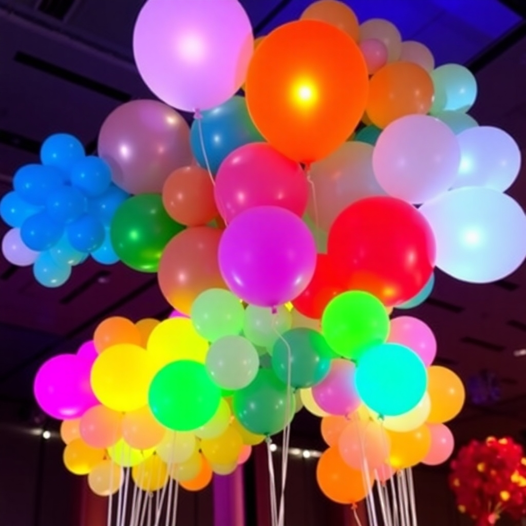 An artistic representation of various custom balloon motifs designed for different events, displayed in a vibrant collage. The imagery showcases the diversity of colors, styles, and themes available, encapsulating the creative spirit of Baloonable Events. Dynamic lighting enhances the textures and patterns of the balloons, bringing them to life in a cohesive manner that reflects the company’s commitment to unique designs.