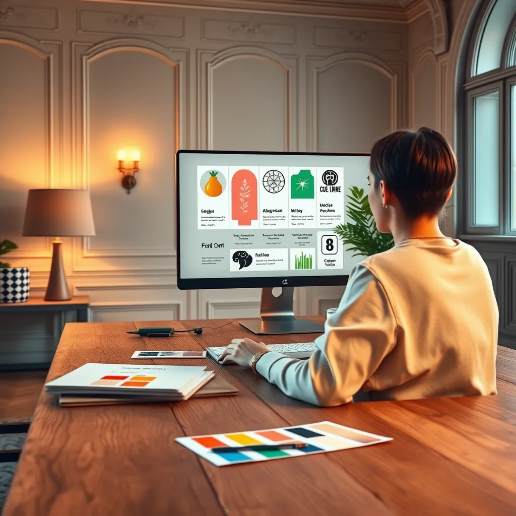 An elegant design studio with a designer working on a sleek computer, creating food label mockups on the screen. Soft warm lighting fills the room, emphasizing the colorful labels depicting allergen icons and clear text. The color palette features warm pastels and bold contrasting colors for visibility. A textured wooden desk holds various graphic design tools such as sketchpads and color swatches. The camera captures the scene from a slight angle, showcasing the creativity in the workspace, with architectural elements in the background reflecting a classic design. The image should be hyperrealistic and detailed, emphasizing the materials used. Rendered in ultra-high quality and 8K resolution.