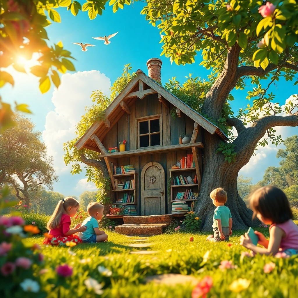 An enchanting outdoor scene where children embark on a creative storytelling adventure. The focal point is a magical treehouse filled with books and art supplies, surrounded by lush greenery and colorful flowers. The sun casts warm, golden rays through the leaves, creating a dreamy effect. The color palette is soft pastels with hints of vibrant greens and floral colors, promoting a whimsical yet serene mood. The perspective is at eye level, allowing the viewer to become part of the adventure as children gather around the treehouse, eagerly sharing their stories. The textures of the treehouse are rustic, with wooden planks and vibrant murals. The background includes fluffy clouds in a blue sky and flying birds, enhancing the feeling of freedom and imagination. This captivating image is rendered in ultra-detailed, hyperrealistic style at 8K resolution, showcasing every imaginative detail.