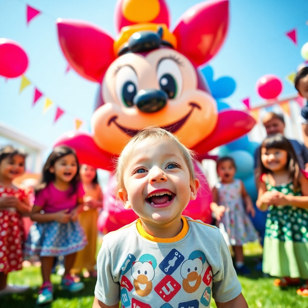 An enchanting snapshot of a child’s birthday party where a giant balloon sculpture of their favorite character is unveiled. The moment captures the child's wide-eyed excitement and joy surrounded by friends and family in a festive setting. The use of vibrant colors enhances the gaiety of the occasion, with bright sunlight illuminating the scene. The camera captures the pure emotion of joy and surprise at eye level, making viewers feel part of this delightful experience.