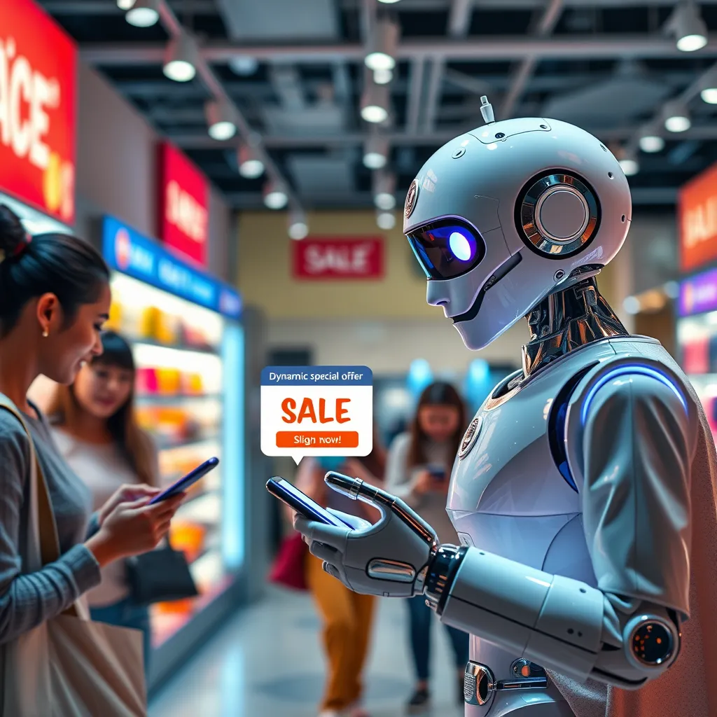 An engaging scene in an e-commerce environment where an AI chatbot displays a special offer to a shopper. The background features products on display, dynamic sale notifications popping up, and enthusiastic shoppers interacting with their devices, all captured in a vibrant, lively atmosphere.