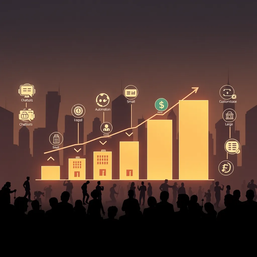 An illustration depicting a business growth chart, showing various business sizes from small to large. Surrounding the chart are icons representing chatbots, automation, and customization. The background features silhouettes of diverse businesses, symbolizing scalability and flexibility in AI solutions.