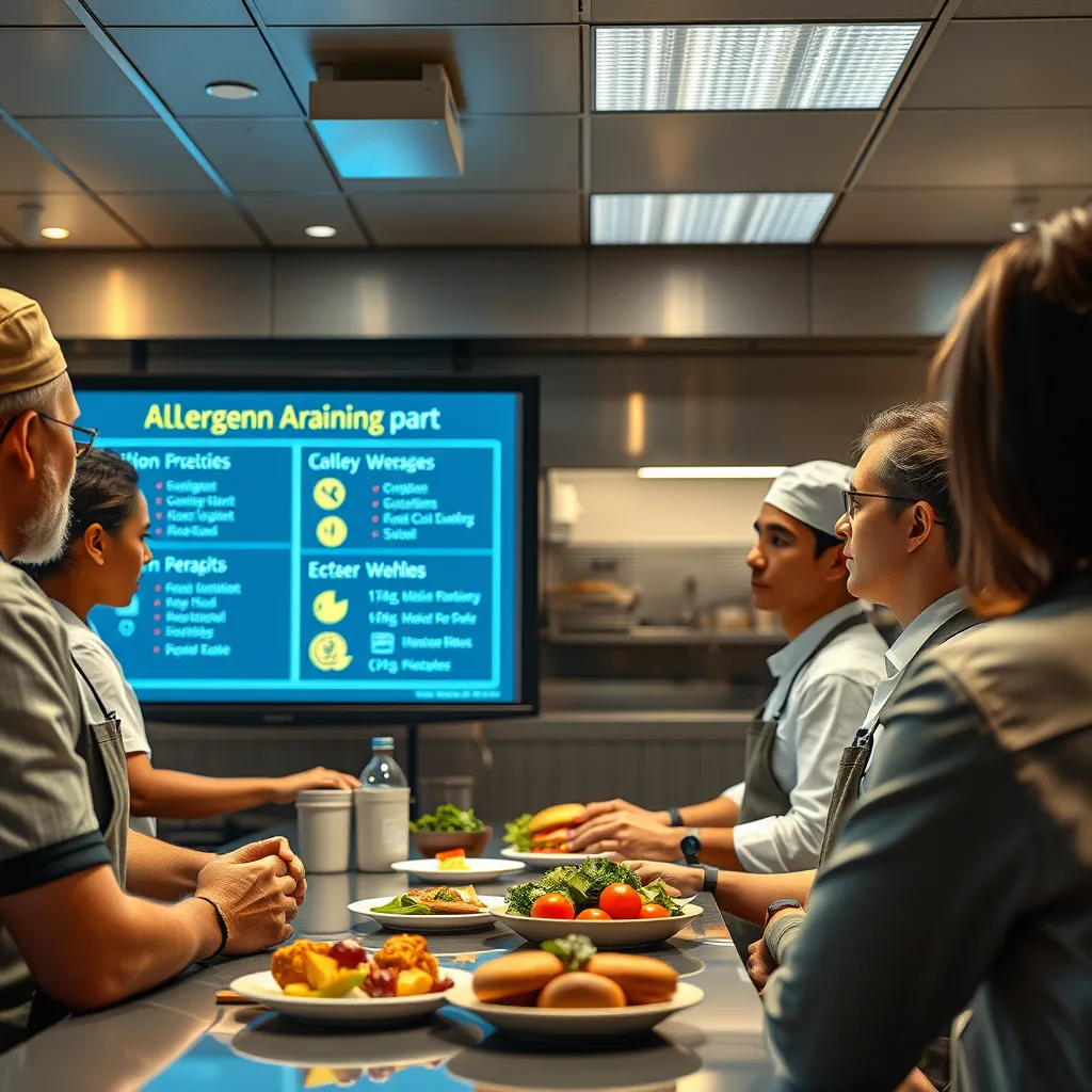 An image of a food outlet worker participating in an allergen awareness training session. Include a presentation screen with allergy information and a group of engaged employees, showing the importance of education in food safety.