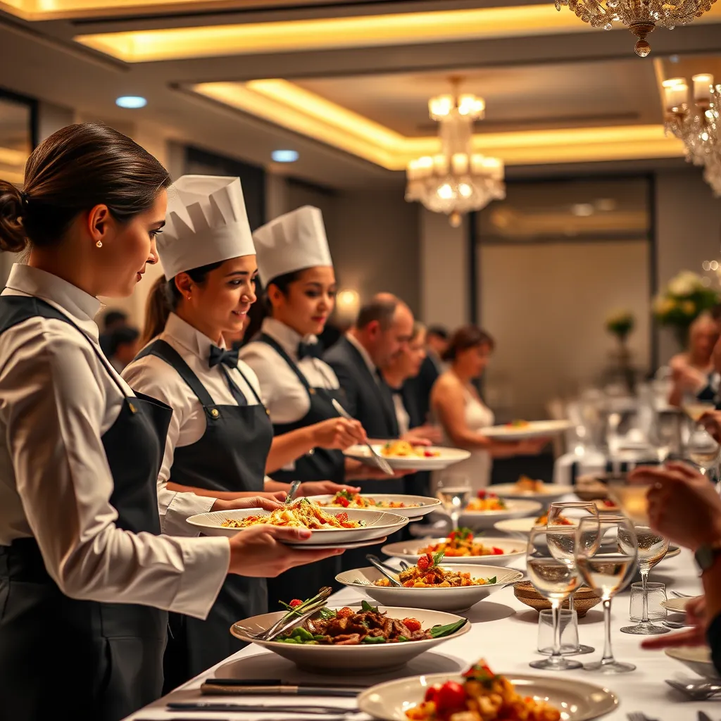 An image of well-uniformed catering staff serving a gourmet meal at an upscale corporate event. Show the attention to detail in their presentation, with guests enjoying the delicious food in an elegant setting, highlighting impeccable service and atmosphere.