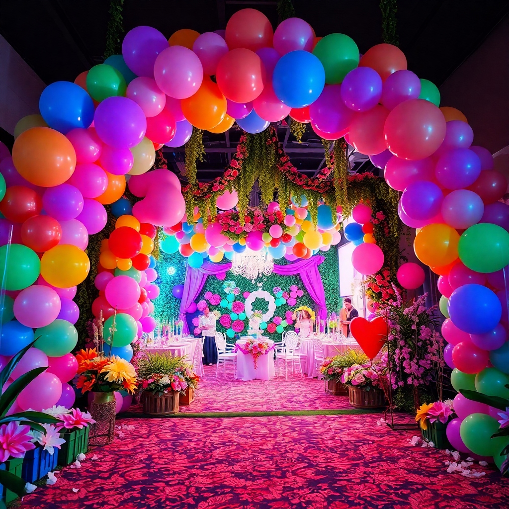 An immersive scene depicting a magical themed event, showcasing a fantastic balloon archway leading into an enchanted garden party. The composition is colorful, filled with a variety of balloon shapes, blending seamlessly with floral arrangements and themed decorations. The lighting is vibrant, enhancing the playful atmosphere. The camera angle is from an inviting perspective, enticing viewers to step into this magical experience, defined by creativity and thematic cohesion.