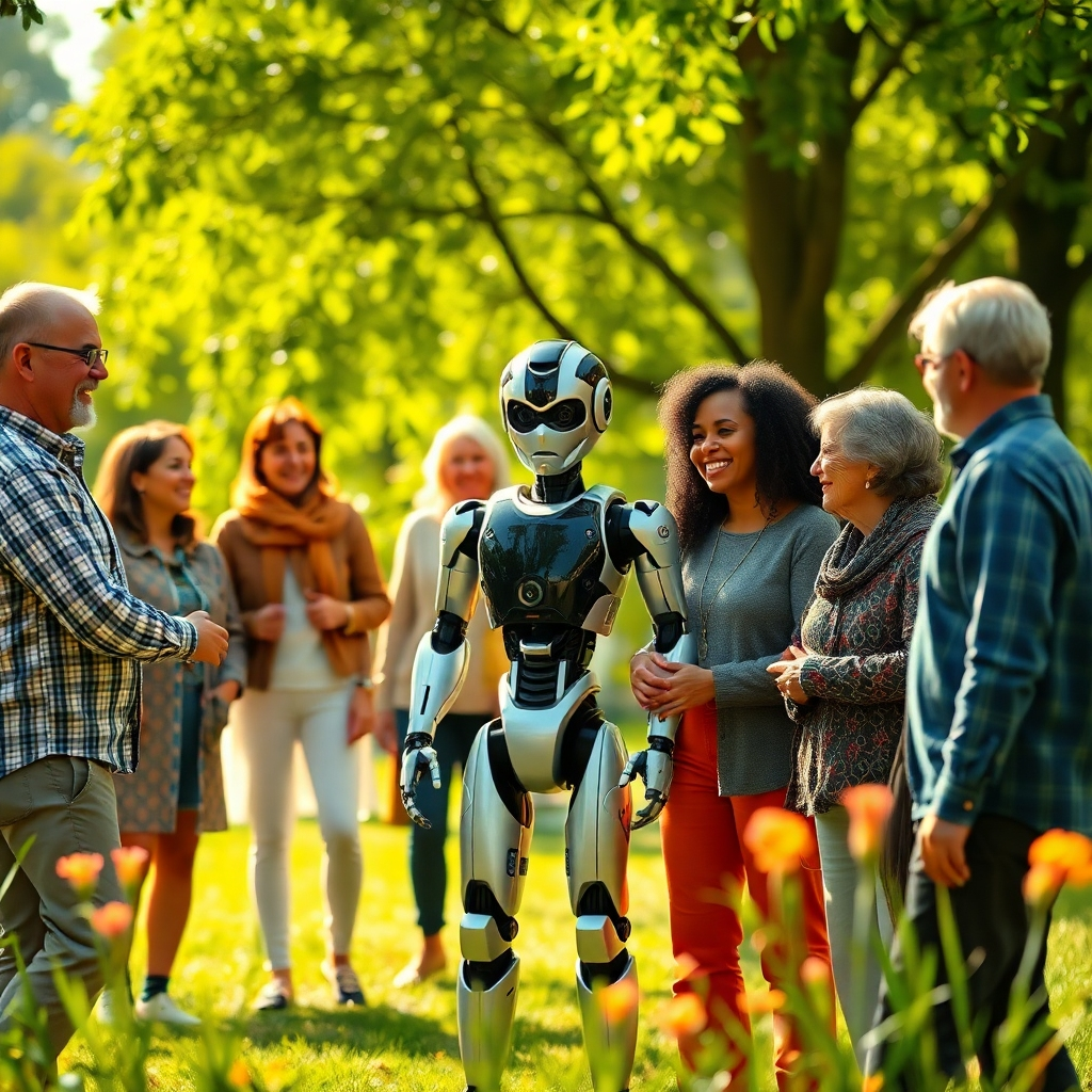 An inspirational scene of a community gathering in an open park, with individuals of various ages and ethnicities interacting amiably. An AI robot is among them, symbolizing support, inclusivity, and trust, with vibrant greenery in the background.