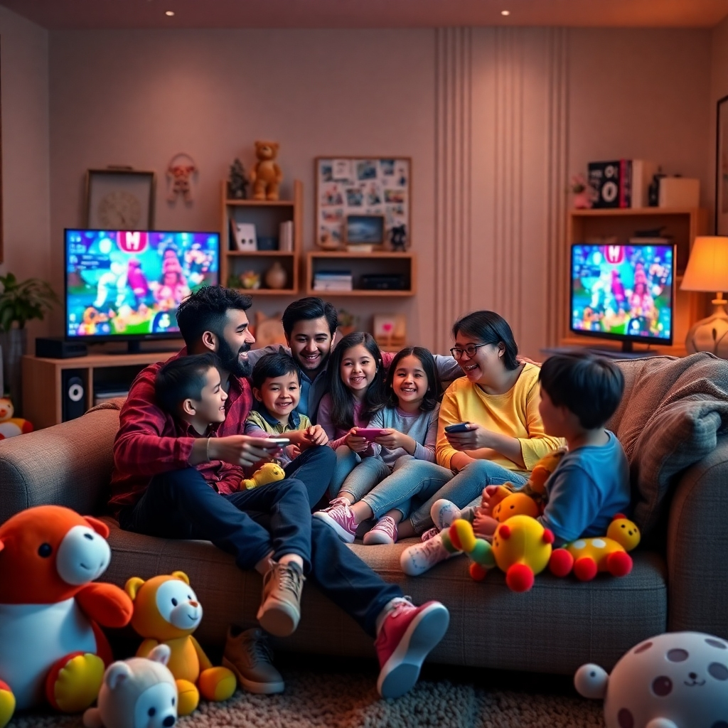 An inviting, cozy living room scene with a diverse family sitting together on a couch, happily playing a colorful video game on a large screen. The room is filled with plush toys and gaming paraphernalia, highlighting a joyful family bonding experience.