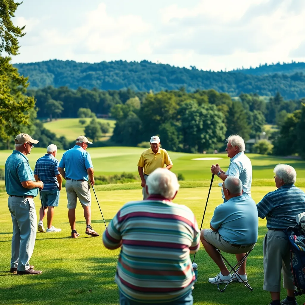 An inviting image of senior golfers engaging in a friendly match on the course, with lush landscapes in the background. Some members are enjoying a light-hearted conversation by the putting green, demonstrating camaraderie and community spirit.