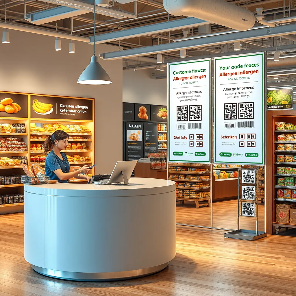 An inviting retail space featuring a customer service counter with a friendly staff member providing allergen information through a tablet. Display posters guiding customers on how to access allergen information via QR codes. The atmosphere should feel welcoming and informative.
