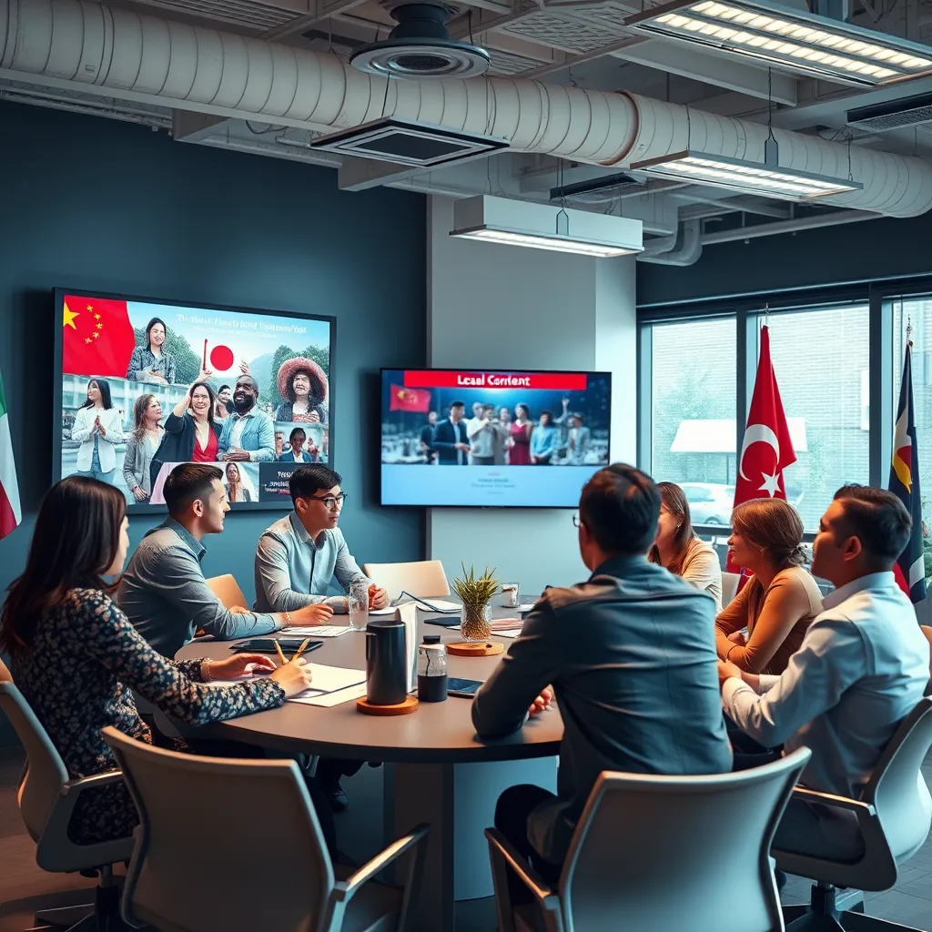An office setting with a marketing team brainstorming around a table. On one side, a large screen shows various localized content examples such as a video ad featuring local cultural elements. A diverse team of professionals collaborating and discussing ideas, surrounded by international flags.