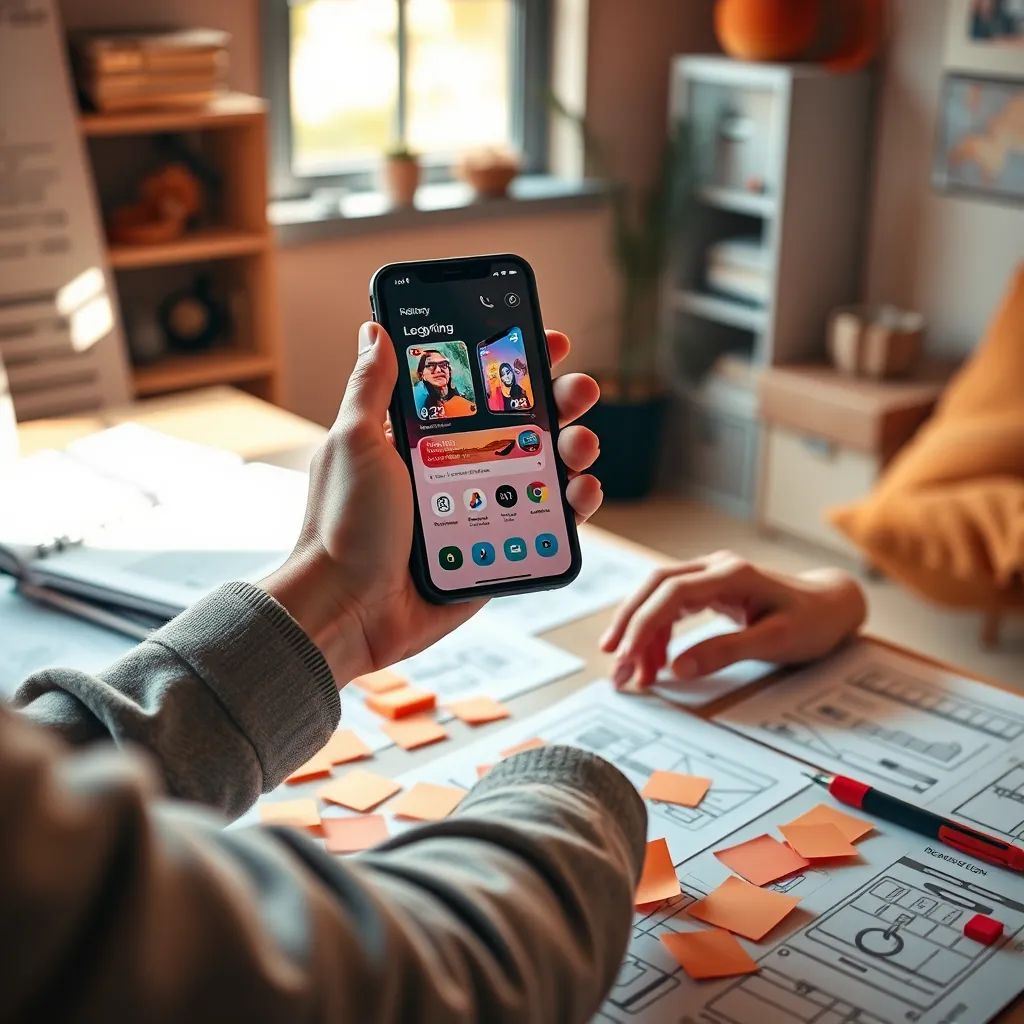 An ultra-detailed image of a mobile application developer showcasing a smartphone with a visually stunning app interface. The scene takes place in a cozy, tech-inspired workspace with warm, inviting lighting that creates a comfortable mood. The color palette contains soft oranges and browns, adding to the friendliness of the environment. Captured from a slightly elevated camera angle, the image presents the developer's hands actively engaging with the device. Materials are sleek and modern, highlighted by reflections on the smartphone screen. An array of design sketches and post-it notes scattered on the table emphasizes the brainstorming process, while natural light streams in through a window. The style pays homage to modern graphic design photography, ensuring 8K resolution and a hyperrealistic finish.