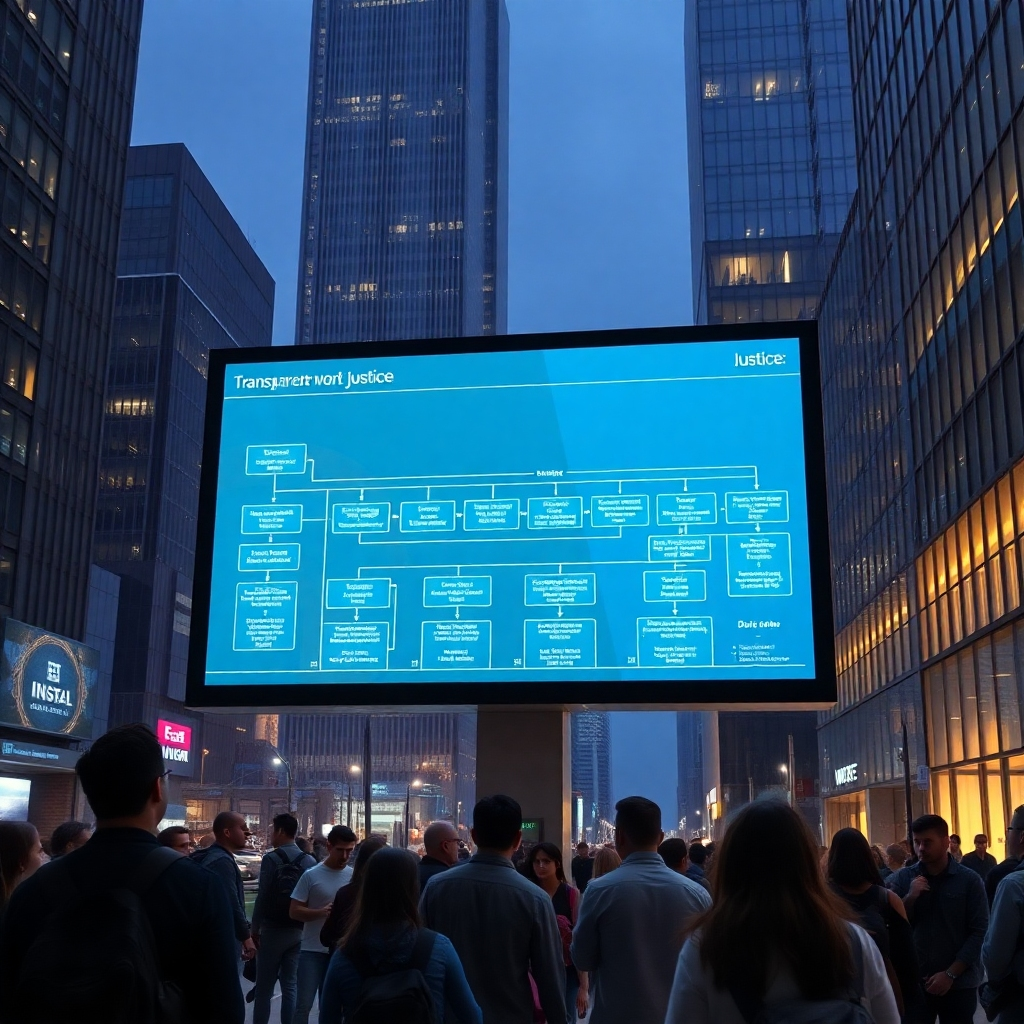 An urban landscape with a large digital screen displaying a transparent workflow of justice processes. People are gathered around, looking at it with interest, signifying awareness and engagement, with skyscrapers in the background illustrating modernity.