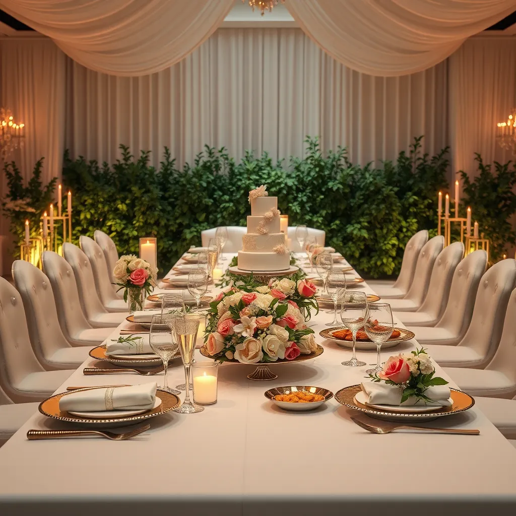 Craft a stunning image showcasing an elegant wedding reception setup. The scene features a luxurious long banquet table adorned with pristine white linens, delicate floral arrangements, and exquisite place settings with shiny silverware. Illuminate the setting with romantic candlelight and soft, ambient lighting that creates a dreamy atmosphere. The color palette should combine ivory, soft pinks, and hints of gold, enhancing the elegance of the scene. Capture the table from a slightly elevated angle to emphasize the spread of gourmet dishes and wedding cake at the center, adding lush greenery in the background. The image should be inspired by high-end wedding photography, aiming for extreme detail in textures, from the glistening tableware to the intricate cake decorations. Render in 8K resolution to ensure the vibrancy and details are vividly experienced, creating a sense of luxury and celebration.