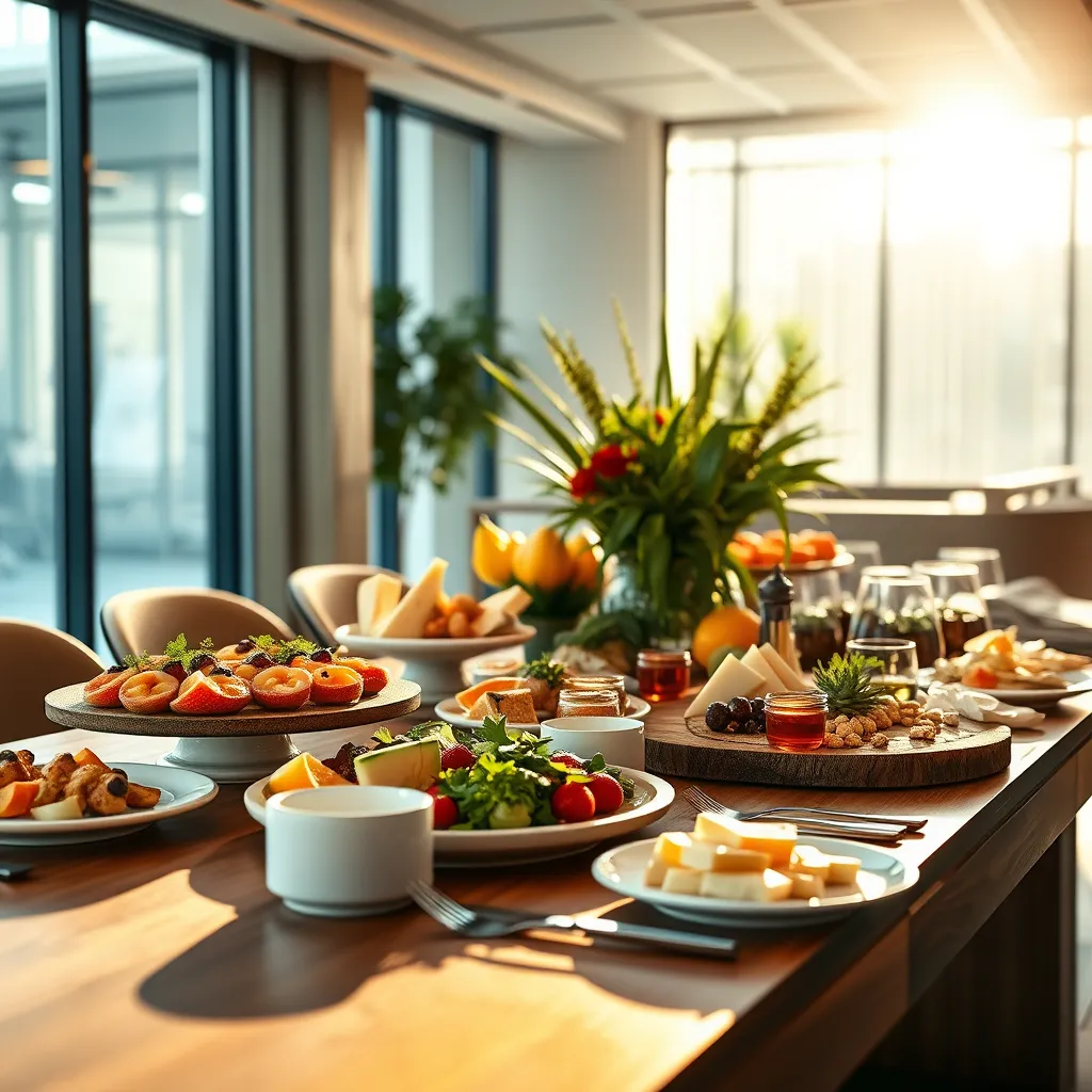 Create a photorealistic image depicting an elegantly arranged corporate buffet in a modern office setting. The spread features gourmet hors d'oeuvres, fresh fruit platters, and a selection of finely cut cheeses on a polished wooden table. Soft diffused lighting illuminates the scene, creating a warm and inviting atmosphere, with the sunlight filtering through large windows. The color palette includes warm earth tones and rich greens, evoking a sense of professionalism and comfort. Use a slightly elevated perspective to capture the depth of the arrangement, highlighting the textures of the food and table setup. Incorporate stylish white dinnerware and contemporary glassware, with cues from the aesthetic of renowned food photographers. The image should be ultra-detailed, with textures of food and materials crisp and clear, rendered in 8K resolution.