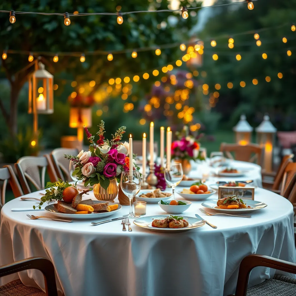 Generate an ultra-high quality image of a beautifully styled private dinner party setting outdoors under fairy lights. The table is adorned with an elegant white tablecloth, lush floral centerpieces, and fine china, showcasing an exquisite three-course meal with colorful dishes. Golden hour lighting bathes the scene in a soft, warm glow, creating a magical mood. The camera should be positioned at a slight angle to capture the details of the table, with the ambiance of lush greenery and decorative lanterns in the background. Use vibrant colors of the food and subtle gold accents in the tableware to enhance the celebratory feel. The style reference should evoke togetherness and festivity. Produce this image in hyperrealistic quality with intricate texture detail, formatted in 8K so that every element is sharp and inviting.