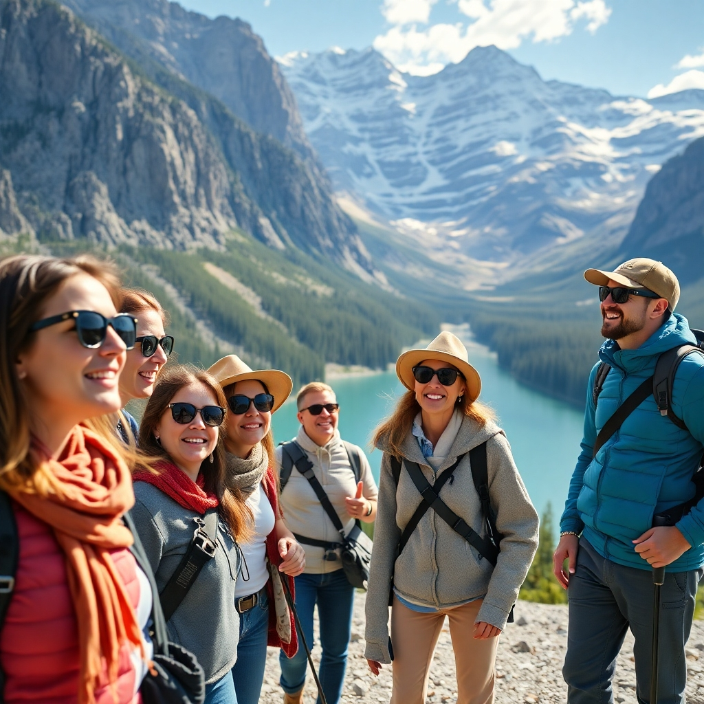 A diverse group of happy tourists of all ages sightseeing together in Banff National Park, Canada.  The image should be bright, sunny, and showcase stunning mountain scenery. Photorealistic style, highly detailed, 8k resolution