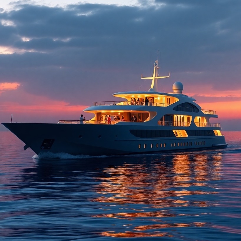 A luxurious cruise ship sailing on a calm, crystal-clear ocean at sunset. The ship should be grand and modern, with passengers enjoying drinks on the deck.  Photorealistic, 8k resolution, cinematic lighting