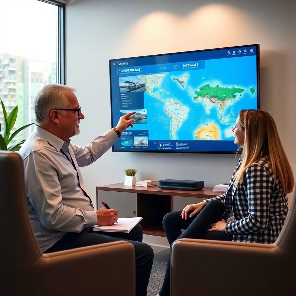 A photorealistic image depicting a friendly travel agent consulting with a couple in a modern, comfortable travel agency office.  The agent is pointing towards a large screen displaying a stunning travel itinerary, maps, and photos of the planned destinations.  The overall vibe is professional yet welcoming, emphasizing personal attention.