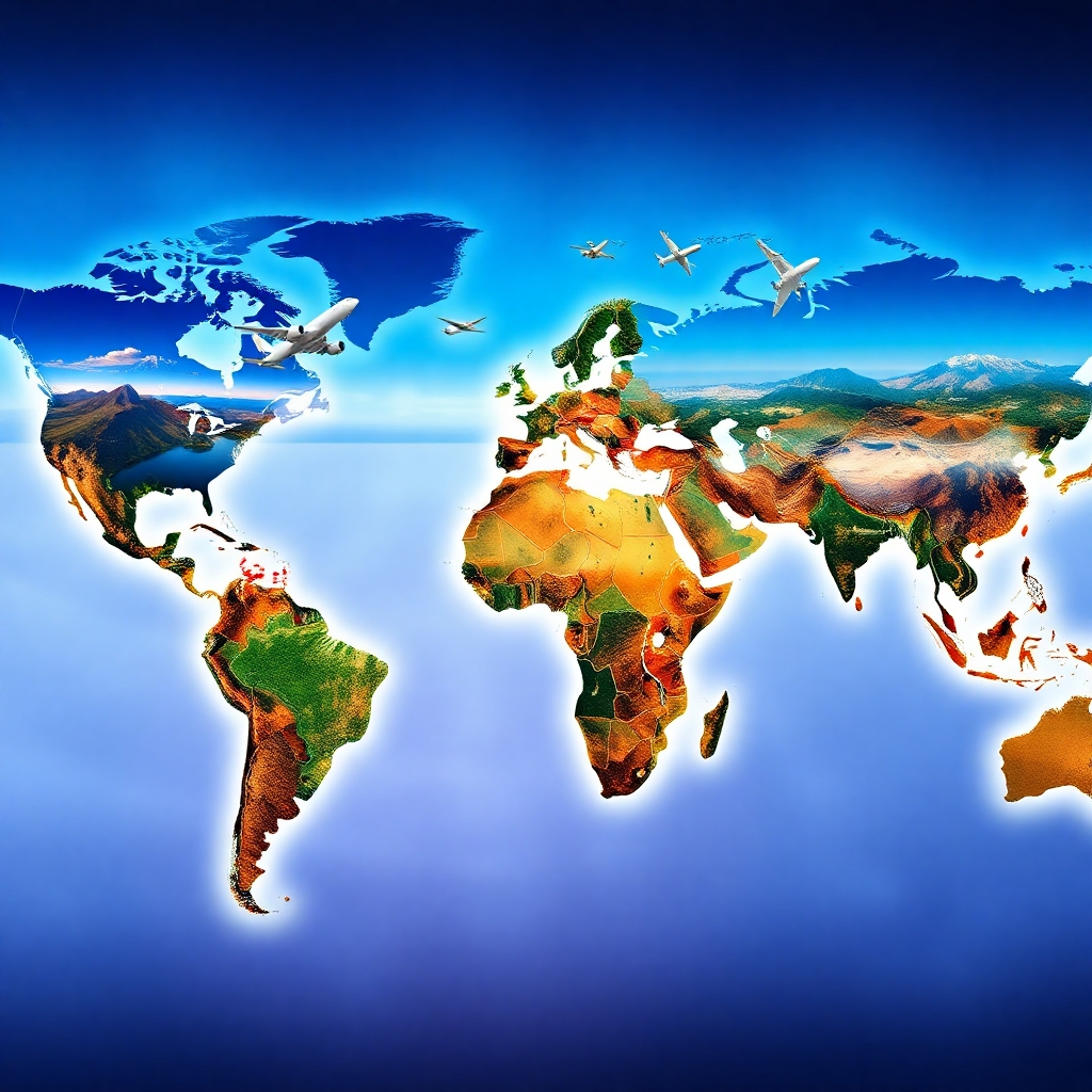 A photorealistic image depicting a world map with highlighted destinations, overlaid with images of diverse landscapes: beaches, mountains, cities.  Include miniature airplanes flying over the map and small hotel icons near prominent cities. The overall style should be vibrant and inviting, conveying a sense of global exploration and adventure.