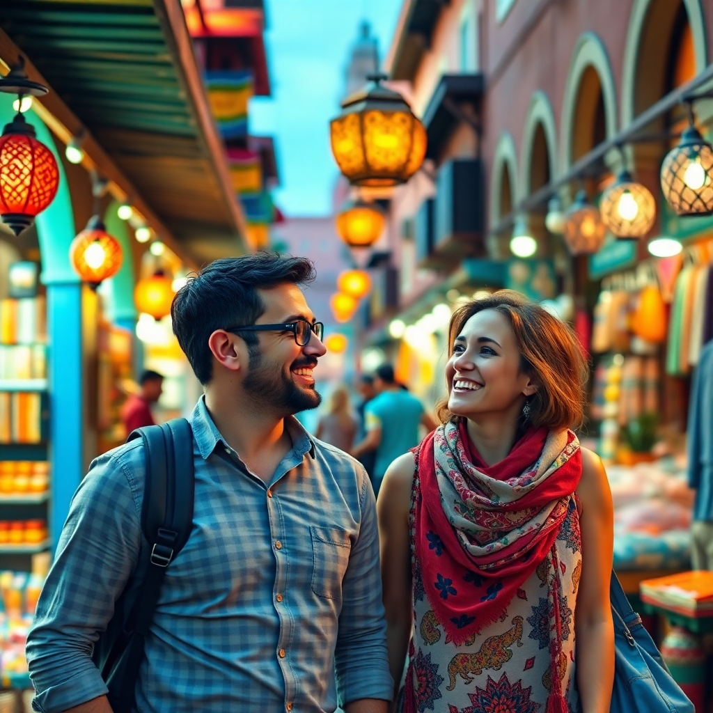 A photorealistic image depicting a couple happily exploring a bustling marketplace in Marrakech, Morocco, with vibrant colours and intricate details, showing a customized travel experience. High resolution, 8k, cinematic lighting