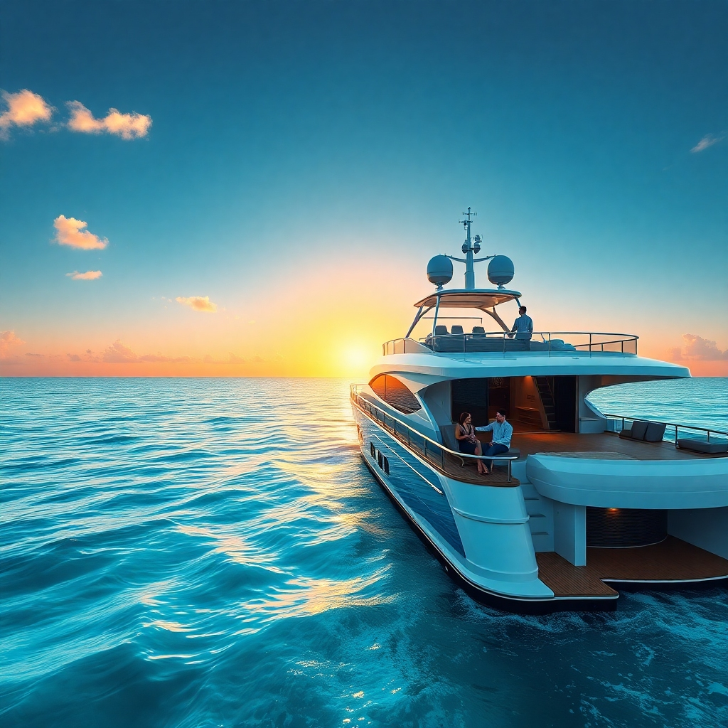 A photorealistic image depicting a luxurious private yacht sailing along a crystal-clear turquoise ocean with a breathtaking sunset in the background.  A couple is seen relaxing on the deck, enjoying drinks and the scenery.  High resolution, detailed, cinematic lighting, hyperrealistic, 8k
