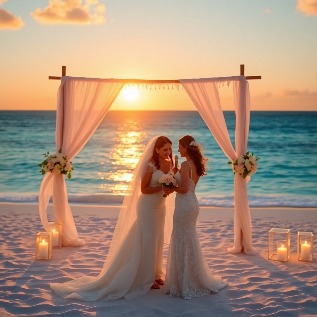 A photorealistic image of a stunning beach wedding ceremony at sunset. The bride and groom are exchanging vows on a white sand beach with clear blue ocean in the background. The decorations are elegant and romantic, with flowers and soft lighting. High resolution, detailed, sharp focus, cinematic lighting, romantic mood