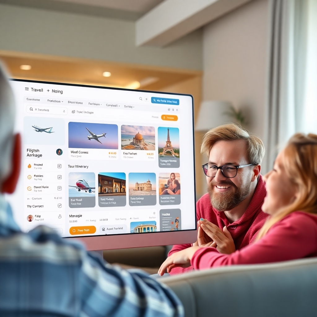 A photorealistic image showcasing a clean and intuitive travel booking website interface.  The screen should display flight options, hotel choices with detailed pictures, and tour itineraries, all seamlessly integrated.  A happy family is visible in the background, looking at the screen with smiles, suggesting ease of use.