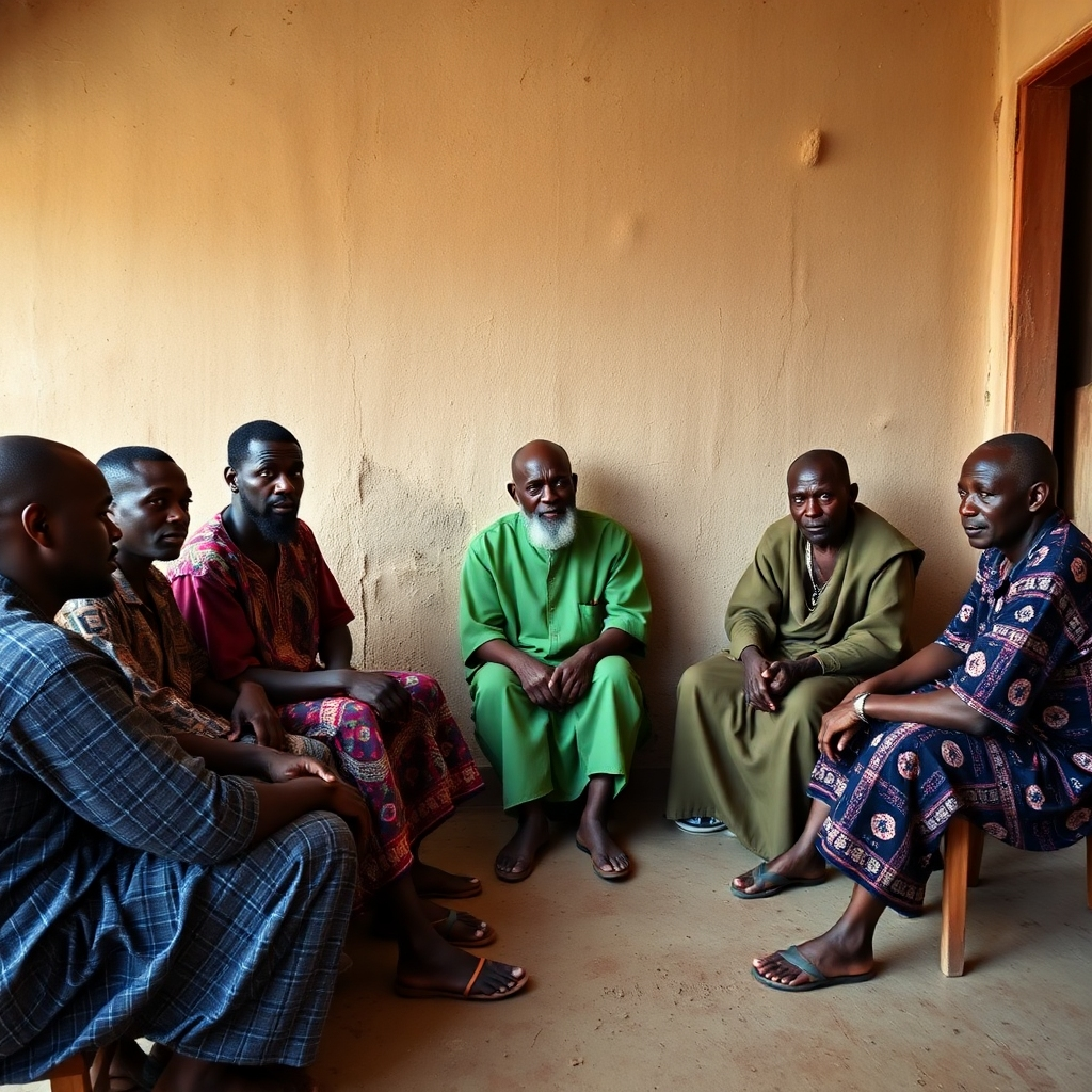 A photorealistic image of a diverse group of people, sitting together in a circle, engaged in a thoughtful discussion.  The setting could be outdoors, in a peaceful and natural environment.  Their expressions should convey openness, respect, and a sense of shared purpose. The image should evoke feelings of hope, peace, and mutual understanding. High-resolution, detailed, and rich in color.