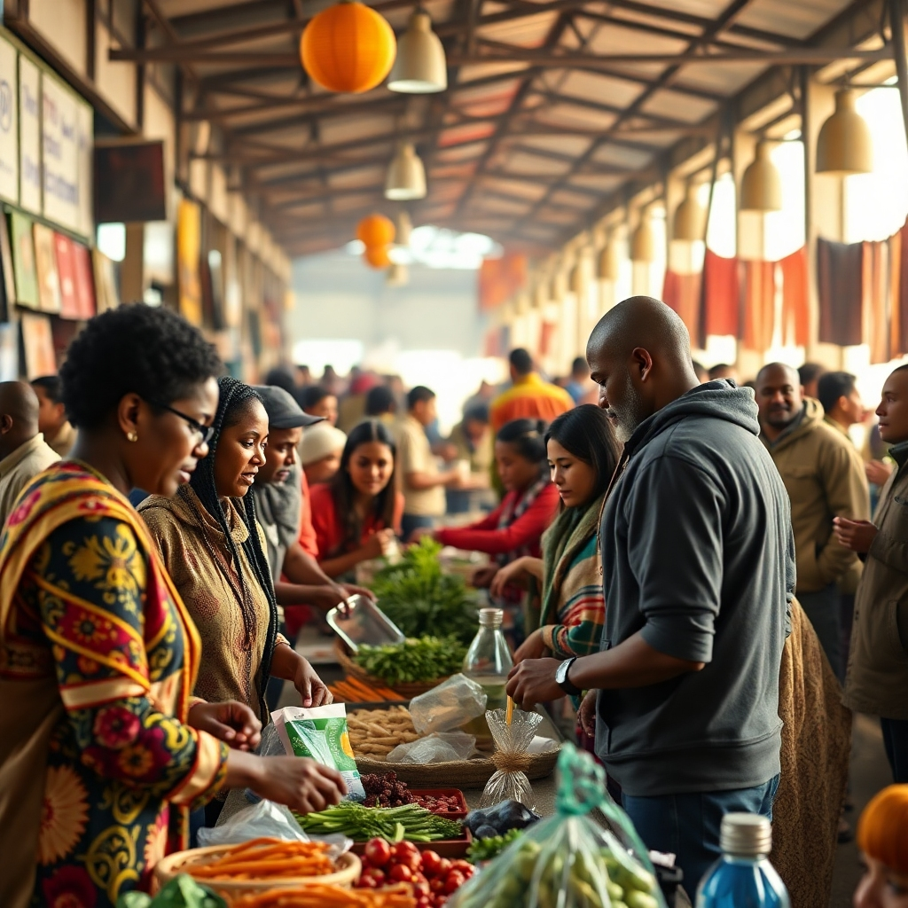 A photorealistic image showcasing a vibrant marketplace or community project where people from diverse backgrounds are collaborating in business ventures, working together, and sharing knowledge and resources. The image should be sharply detailed, depicting a bustling atmosphere of collaboration and success. It must convey a sense of shared prosperity and opportunity.