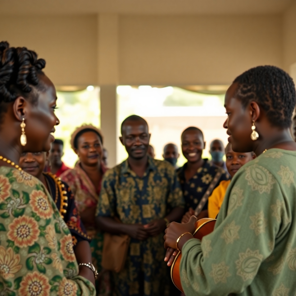 A photorealistic, ultra-high-quality 8K image portraying a diverse group of Beninese people engaged in a peaceful dialogue or community event. The lighting is soft and even, creating a calm and harmonious atmosphere. The color palette is serene and balanced, reflecting unity and understanding. The camera angle is from a slightly elevated position, showing a wide shot of the people engaged in respectful conversation.  The image should emphasize the diverse ethnicities, ages, and genders of the participants.  Textures should be detailed, highlighting the fabric of their clothing, emphasizing the richness of Beninese culture. The environment is a neutral and inclusive setting, such as a community center or outdoor gathering place. Props could include traditional musical instruments or other items representing community activities.  The style should draw inspiration from the work of contemporary photographers who focus on peaceful human interaction. The mood should be one of hope, cooperation, and shared purpose, promoting a strong sense of national unity.