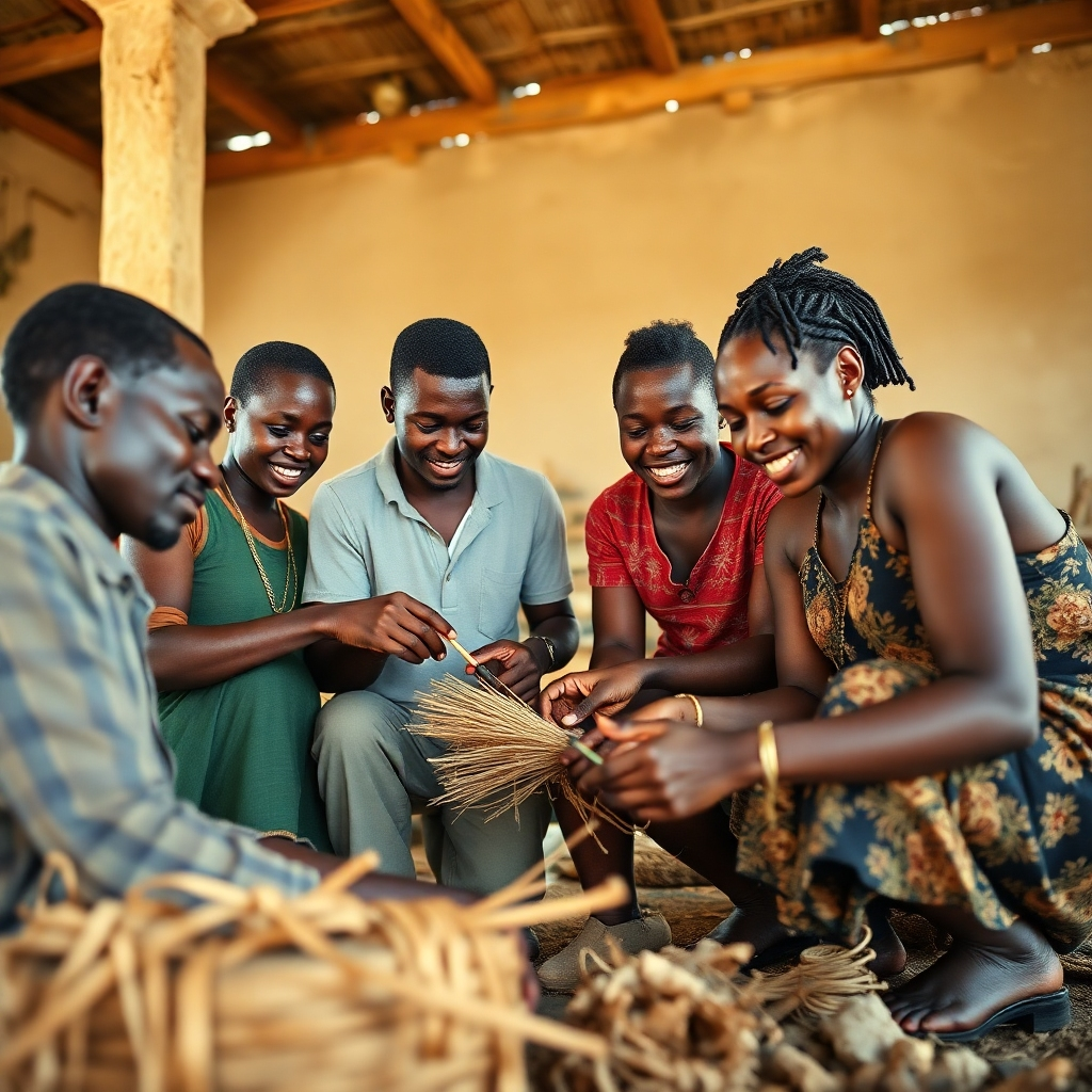 A photorealistic, ultra-high-quality 8K image showcasing a group of Beninese entrepreneurs collaborating on a sustainable business project.  The lighting is natural and bright, highlighting the energy and collaboration. The color palette is earthy and optimistic, reflecting growth and prosperity. The camera angle is slightly low, emphasizing the entrepreneurs' determination and hard work.  Textures should be highly detailed, showing the natural materials used in the project, such as wood, textiles, and possibly agricultural products. The environment is a workshop or a rural setting, reflecting the authenticity of their work.  Props include tools, materials related to their business, and perhaps a finished product. The style should be inspired by the humanitarian photography of Sebastião Salgado, focusing on the human element and the dignity of labor.  The image should project a sense of hope, resilience, and economic progress.