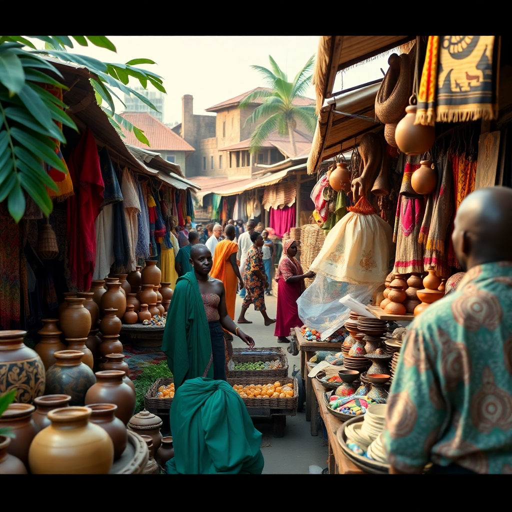 A photorealistic, ultra-high-quality 8K image depicting a vibrant market scene in Benin, overflowing with colorful textiles, handcrafted goods, and traditional artwork.  The lighting is soft and diffused, creating a warm and inviting atmosphere. The color palette is rich and saturated, emphasizing the vibrancy of Beninese culture. The camera angle is slightly elevated, providing a comprehensive view of the market's bustling activity.  Textures should be highly detailed, showcasing the intricate weaves of the fabrics, the smooth surfaces of the pottery, and the rough textures of the wood carvings.  Environmental elements include lush tropical foliage surrounding the market, adding depth and context.  In the background, traditional Beninese architecture is visible. The style should evoke the photojournalistic work of Steve McCurry, capturing the authentic spirit of the scene. The image should exude a sense of community and cultural pride.  Focus on creating a hyperrealistic representation of the textures, materials, and overall scene, emphasizing the richness of Beninese culture.