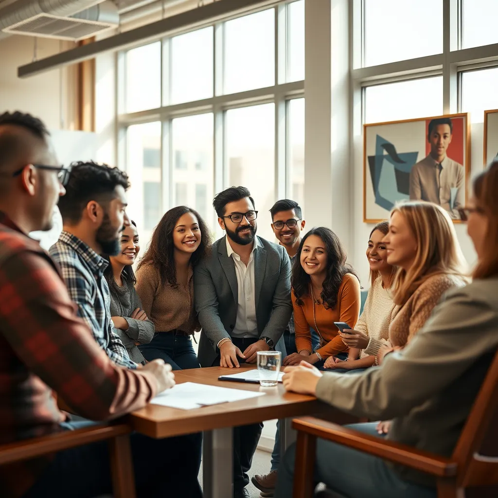 A photorealistic, high-resolution image depicting a group of diverse individuals in a modern office setting. The individuals are engaged in a facilitated discussion with a confident, experienced coach at the forefront. Capture a sense of collaboration, growth, and positive energy.  Use a warm color palette, emphasizing natural light streaming through large windows. Compose the image with a slightly high angle, focusing on the participants' faces and expressions. Render the textures of the environment, including wood furniture, whiteboards, and contemporary artwork, with intricate detail. Capture the dynamic energy of the discussion, showcasing body language and facial expressions that convey focus and motivation. Aim for an 8K resolution image with hyperrealistic detail, showcasing the natural textures of clothing and skin.