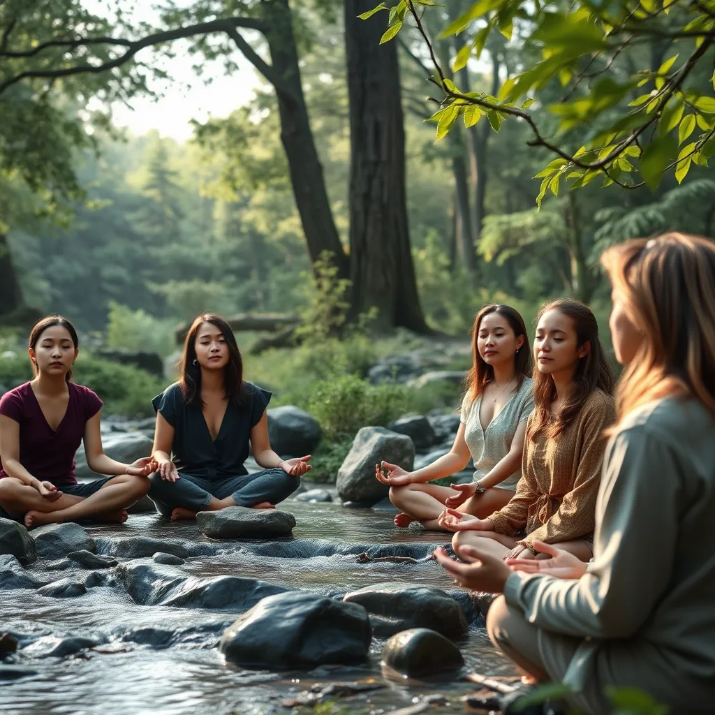 A serene, photorealistic image of a group of people in a peaceful, natural setting.  They are participating in a personal growth workshop, with a facilitator leading a guided meditation or exercise. The image should convey a sense of calmness, mindfulness, and self-discovery. Utilize soft, natural lighting with a gentle color palette of earthy tones. Compose the image with a wide shot, capturing the lush surroundings, a gentle stream, and towering trees. Capture the subtle details of the participants' expressions, focusing on their eyes, which convey serenity and reflection. Render the textures of nature with intricate detail, including the smooth rocks, flowing water, and rustling leaves. Aim for a 4K resolution image with an artistic, ethereal quality, focusing on the beauty of the natural environment and its impact on the participants' well-being.