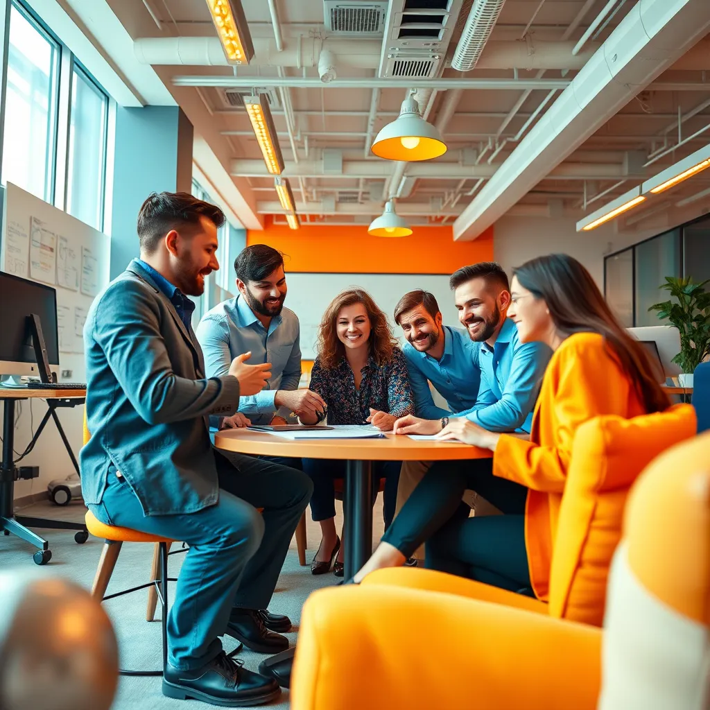 A vibrant, dynamic image portraying a team engaged in a brainstorming session in a modern, open-plan office space.  The team members are diverse in their backgrounds and expertise, but they work together harmoniously.  Use a high-energy color palette with bright accents.  Capture the image from a low angle, emphasizing the team's focused energy and creative thinking. Render the office environment with intricate detail, including high-tech equipment, whiteboard walls, and comfortable seating.  Showcase the team's enthusiasm, collaboration, and individual contributions through their body language and facial expressions. Aim for a 8K resolution image with a high-contrast, dynamic style, emphasizing the team's energy and creativity.