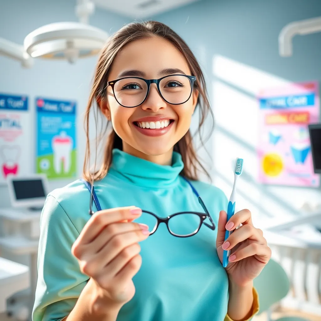 A bright, energetic image of a young woman with a radiant smile, holding a pair of glasses and a toothbrush. The woman is standing against a backdrop of a modern, vibrant dental office, with sleek dental equipment and colorful posters highlighting the benefits of dental and vision care. The scene is bathed in natural, soft light, creating a warm and welcoming atmosphere. The color palette is cheerful and energetic, using vibrant blues and greens with accents of pink and yellow. The image is shot from a slightly low angle, highlighting the woman's confidence and happiness. Render the image in a hyperrealistic style, capturing intricate details like the reflection of the woman's smile in the glasses, the texture of the toothbrush bristles, and the glossy finish of the dental equipment. Emphasize the connection between good oral health, vision, and overall well-being.