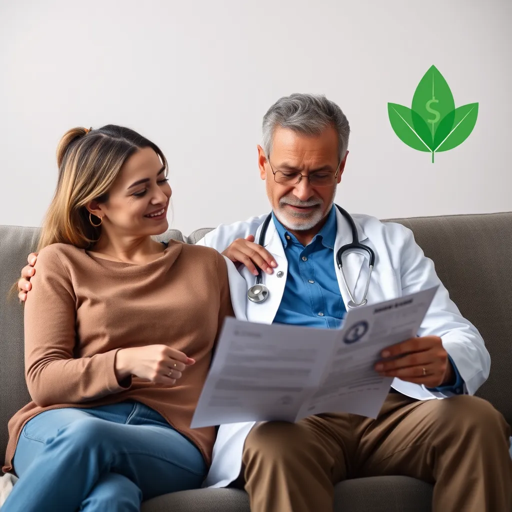 A calm, relaxed person sitting on a couch with a doctor by their side, both looking at a medical bill. The doctor holds a hand on the person's shoulder, signifying support. In the background, a green leaf symbol with a dollar sign inside represents financial security provided by supplemental insurance.