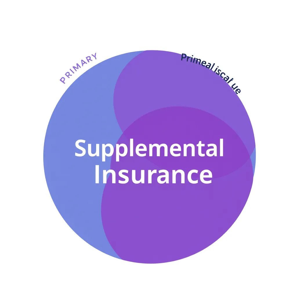 A colorful infographic with three overlapping circles representing primary health insurance, dental insurance, and vision insurance.  The text 'Supplemental Insurance' is written in a larger font within the overlapping area of all three circles, emphasizing its role in filling gaps in coverage.
