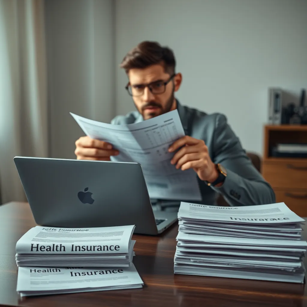 A person sitting at a desk with a laptop, looking at a medical bill with a confused expression. On the desk, a stack of papers labeled 'Health Insurance' and a smaller stack labeled 'Supplemental Insurance' are visible. The image should convey the idea of finding additional coverage to complement existing insurance.