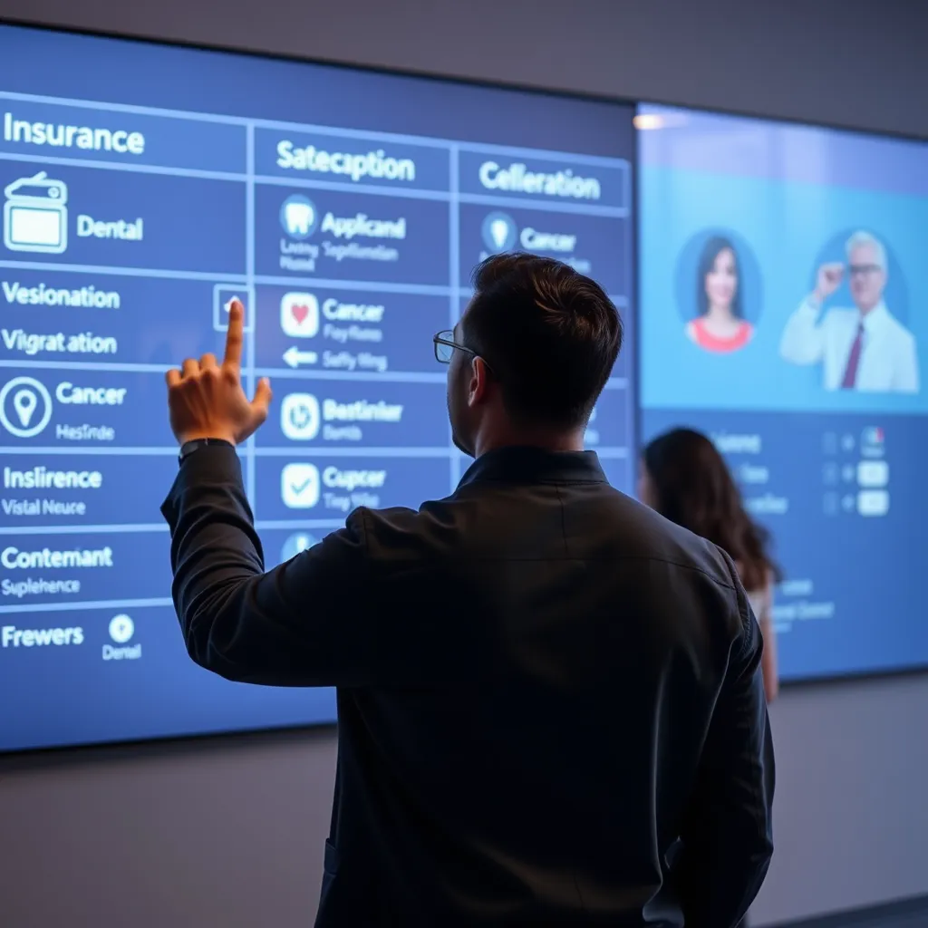 A person standing in front of a large, interactive wall display, using their finger to navigate through various insurance options, like dental, vision, and cancer. The image should depict a diverse range of individuals, highlighting the customizable nature of supplemental insurance.