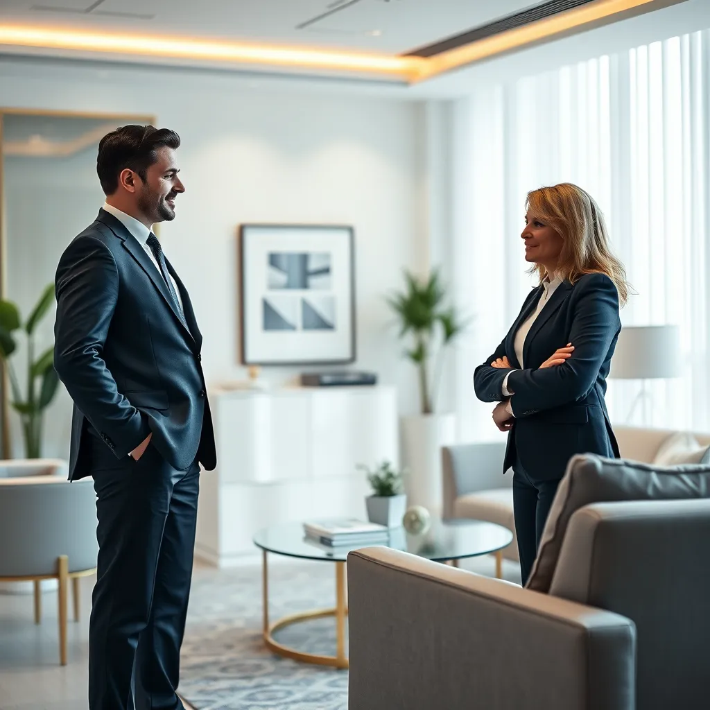 A serene and reassuring image depicting a professional, confident insurance agent meeting with a client in a bright, modern office. The agent is wearing a suit, exuding professionalism and trustworthiness. The client is dressed casually and is engaged in a conversation with the agent, looking confident and reassured. The scene is bathed in soft, diffused lighting, creating a calming and comfortable atmosphere. The color palette is calming and sophisticated, using soft grays and blues with accents of gold and white. The image is shot from a slightly elevated angle, focusing on the interaction between the agent and the client. Rendered in a photorealistic style with meticulous detail, 8K resolution, showcasing the elegant office setting and the high-quality materials used in the furniture and décor. The focus is on capturing the sense of security and confidence the client feels knowing they have specialized coverage for their unique needs.