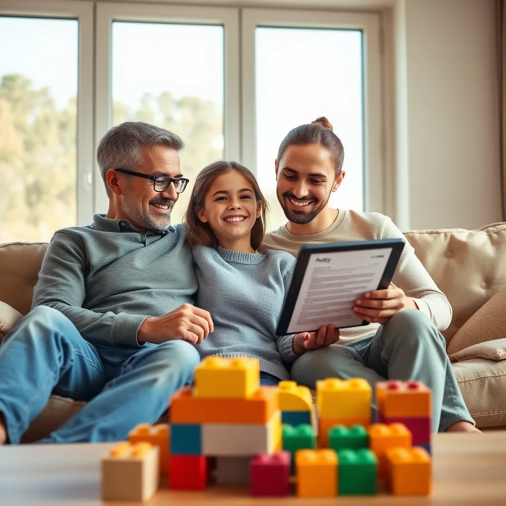 A warm, inviting image of a family of four, smiling and relaxed, sitting on a couch in their living room. The father is holding a tablet, highlighting a policy document on the screen. The mother is looking at the tablet with a gentle smile. Their two children are playing with building blocks in the foreground, emphasizing the family-oriented nature of the service. The scene is bathed in soft, natural light streaming through a large window. The color palette is warm and inviting, using earth tones with accents of blue and green. The image is shot from a slightly low angle, giving a sense of intimacy and connection. Rendered in a photorealistic style with ultra-high detail, 8K resolution, showcasing realistic textures and materials like soft upholstery, polished wooden furniture, and vibrant building blocks. Focus on capturing the genuine happiness and sense of security the family is experiencing thanks to their comprehensive insurance coverage.