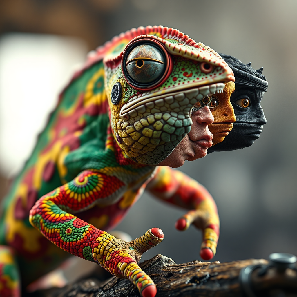A dramatic, stylized representation of a chameleon transforming into different character personas. The chameleon's skin should be textured with various colors and patterns, each representing a different voice and personality. The background should be blurred and abstract. The lighting should be dynamic and eye-catching. 8K resolution.