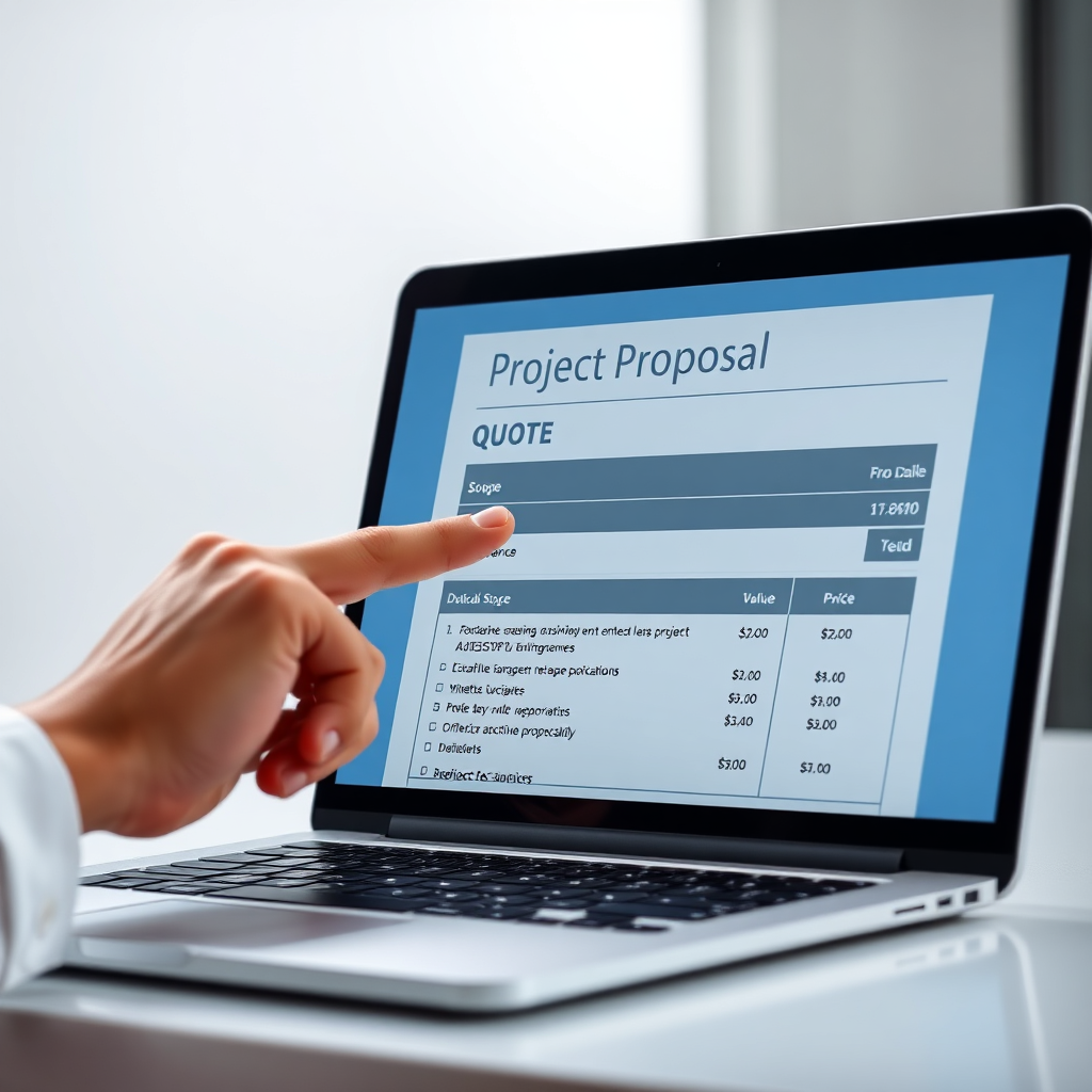 A photorealistic image depicting a laptop screen displaying a project proposal or quote. The screen should be clear and legible, showcasing key details such as project scope, deliverables, and pricing. A hand is subtly pointing to a specific section of the quote, highlighting its value. The background should be clean and professional, suggesting transparency and attention to detail. The lighting should be focused on the screen, drawing the viewer's eye to the information being presented. This image should convey the idea of value, transparency, and a commitment to meeting the client's needs.