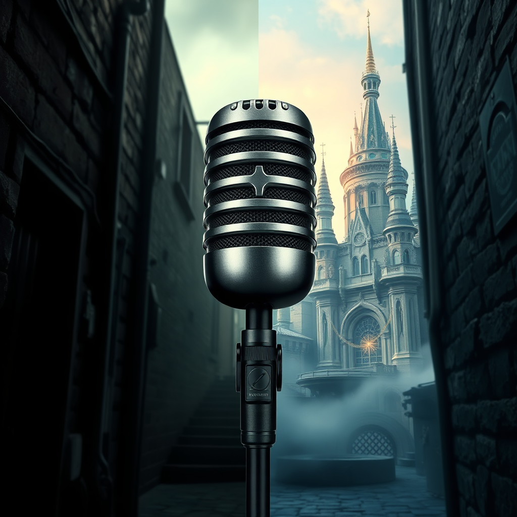 A photorealistic split image showing a microphone in the center. One side reflects a dark, gritty alleyway scene, while the other side shows a bright, fantastical castle. This visual should symbolize the breadth of vocal range and character versatility, from the mundane to the extraordinary. 8K resolution, hyperrealistic rendering.